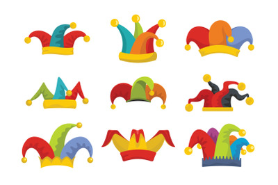 Jester fools hat icons set flat style