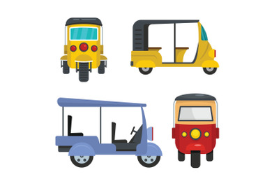 Tuk rickshaw Thailand icons set flat style