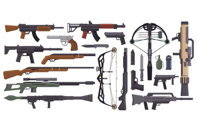 Weapons guns. Military weapons, gun pistol, crossbow, knives, grenade