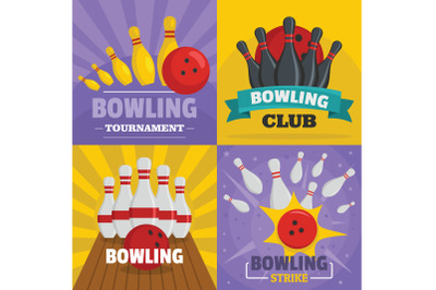Bowling kegling banner concept set, flat style