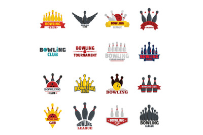 Bowling kegling game logo set, flat style