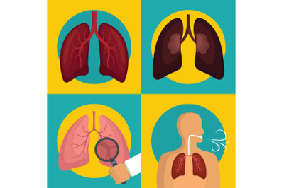 Lung organ human breathing icons set flat style