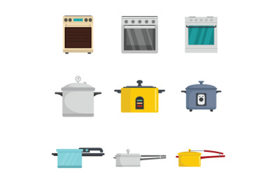 Cooker oven stove pan burner icons set flat style