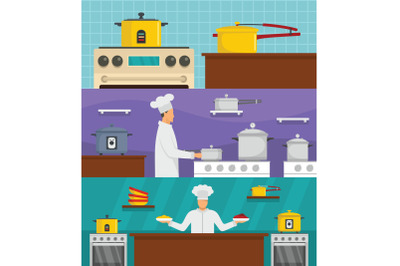 Cooker chef oven banner concept set, flat style