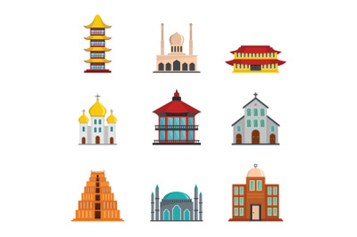 Temple tower castle icons set flat style