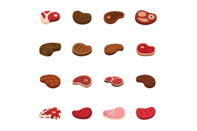 Steak dinner grilled beef icons set, flat style