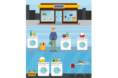 Laundry service banner concept set, flat style