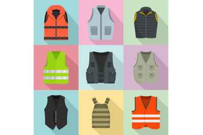 Vest waistcoat jacket suit icons set, flat style