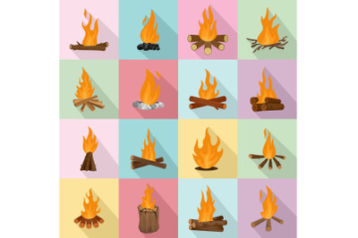 Bonfire night fire icons set, flat style