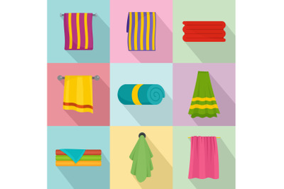Towel hanging spa bath icons set, flat style