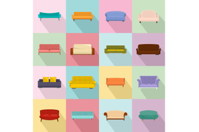 Sofa chair room couch icons set, flat style