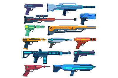 Game futuristic blasters. Space aliens laser, space blasters, guns and