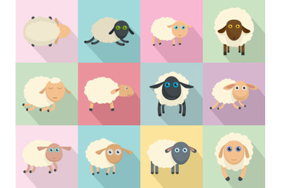 Sheep cute lamb farm iicons set, flat style