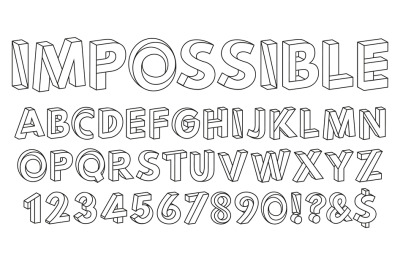 Impossible shapes font. Paradox alphabet letters and numbers, geometri