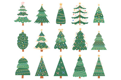 Christmas doodle trees. Doodle xmas fir trees, winter holidays decorat