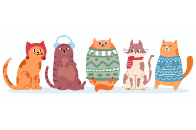 Cute cats in sweater. Happy fat kittens for new year and christmas vec