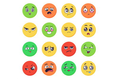 Cartoon emotions faces set. Emoji expressions with angry and sad, happ