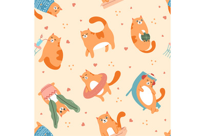 Cute cats playing pattern. Pet animal walking&2C; resting on chaise and l