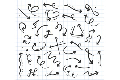 Hand drawn doodle arrow icon in various directions set. Curly cursors,