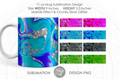 Sublimation mug design with fluid art and silver glitter