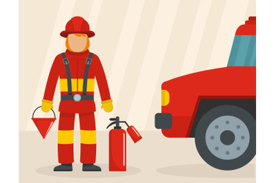 Firefighter with car concept, flat style