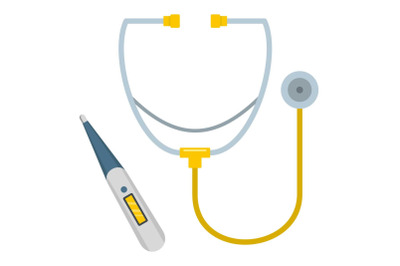 Stethoscope and thermometer icon, flat style