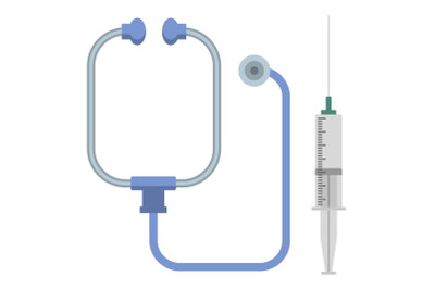 Stethoscope and syringe icon, flat style