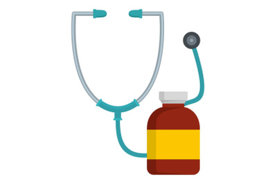 Stethoscope and bottle icon, flat style