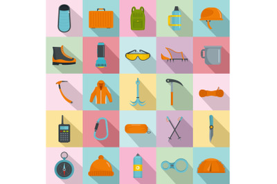 Mountaineering equipment icons set, flat style