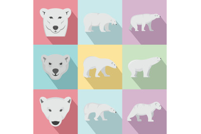 Polar bear baby white icons set, flat style