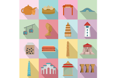 Taipei taiwan city skyline icons set, flat style