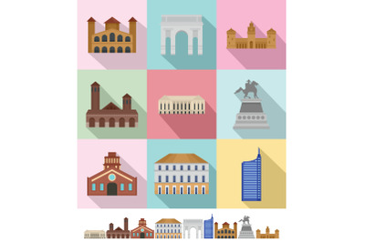 Milan Italy city skyline icons set, flat style