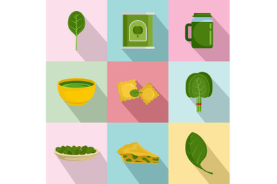 Spinach leaves vegetables icons set, flat style