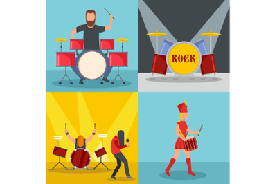 Drummer drum rock musician icons set, flat style