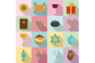 Chanukah jewish holiday icons set, flat style