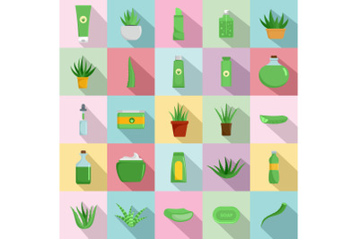 Aloe vera plant logo icons set, flat style