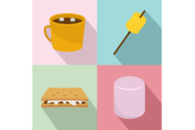 Marshmallow smores candy icons set flat style