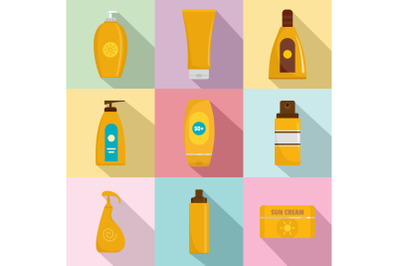 Sunscreen protection bottle icons set, flat style