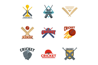 Cricket sport ball bat logo icons set, flat style