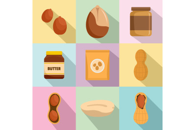 Peanut nuts butter jar icons set, flat style