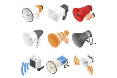 Megaphone loud speaker icons set, isometric style