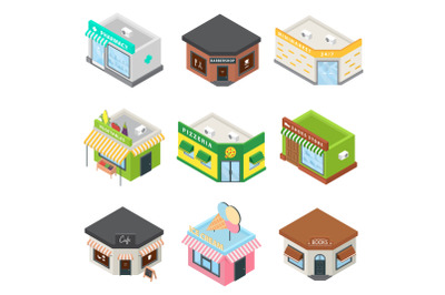 Store facade front shop icons set, isometric style