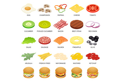 Burger ingredient icons set, isometric style