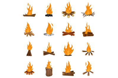 Bonfire night fire icons set vector isolated