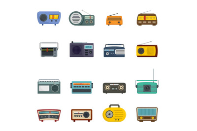 Radio music old device icons set vector isolated