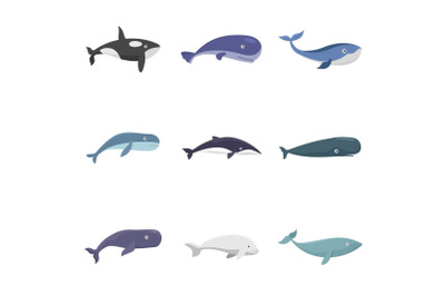 Whale blue tale fish icons set vector isolated