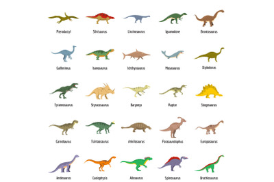 Dinosaur types signed name icons set vector isolated