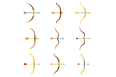 Bow arrow weapon icons set vector isolated