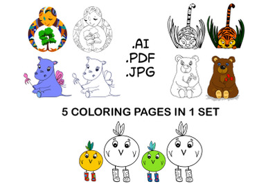 Cute animals coloring pages 5 in 1&2C; vector graphics with separate colorful elements &2B; coloring variations in PDF and vector formates