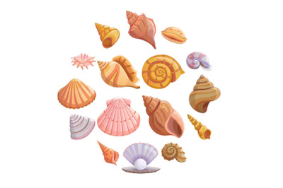 Sea shell beach icons set, cartoon style